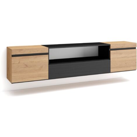 Skraut Home - TV-Schrank, Lowboard, für Wohnzimmer und Esszimmer, 200x45x35cm, Für TV-Geräte bis zu 80", Hängend, Moderner Stil, Eiche Schwarz
