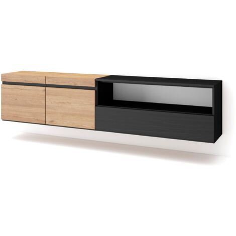 Skraut Home - TV-Schrank, Lowboard, für Wohnzimmer und Esszimmer, 200x45x35cm, Für TV-Geräte bis zu 80", Hängend, Moderner Stil, Eiche Schwarz