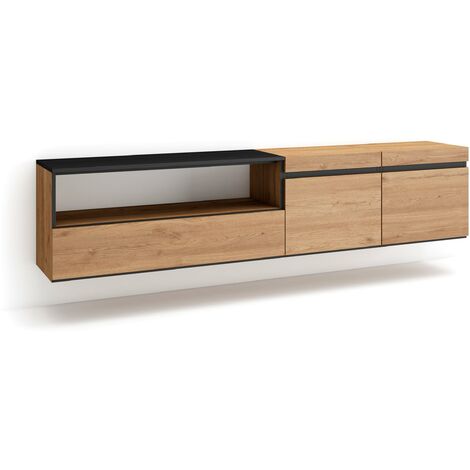 Skraut Home - TV-Schrank, Lowboard, für Wohnzimmer und Esszimmer, 200x45x35cm, Für TV-Geräte bis zu 80", Hängend, Moderner Stil, Eiche Schwarz