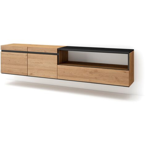 Skraut Home - TV-Schrank, Lowboard, für Wohnzimmer und Esszimmer, 200x45x35cm, Für TV-Geräte bis zu 80", Hängend, Moderner Stil, Eiche Schwarz