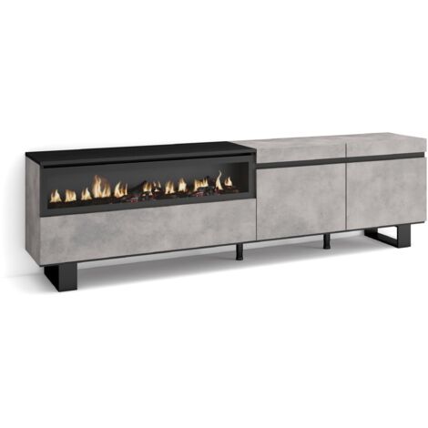 Skraut Home - TV-Schrank, Lowboard, für Wohnzimmer und Esszimmer, 200x57x35cm, Für TV-Geräte bis zu 80", Elektrokamin. Maße, Industriedesign, Moderner Stil, Zementgrau