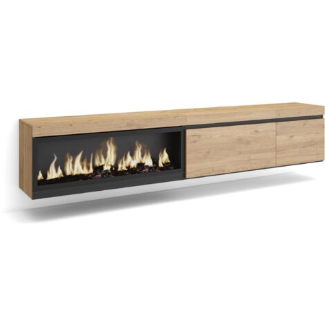 Skraut Home - TV-Schrank, Lowboard, für Wohnzimmer und Esszimmer, 237x45x35 cm, Für großformatiges TV, Elektrokamin XXL, Hängend, Moderner Stil, Eiche