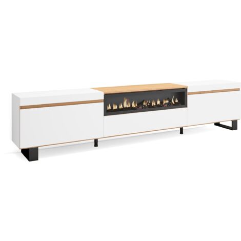 Skraut Home - TV-Schrank, Lowboard, für Wohnzimmer und Esszimmer, 260x35x57 cm, Für großformatiges TV, Elektrokamin., Industriedesign, Moderner Stil, Weiß und Eiche Soft