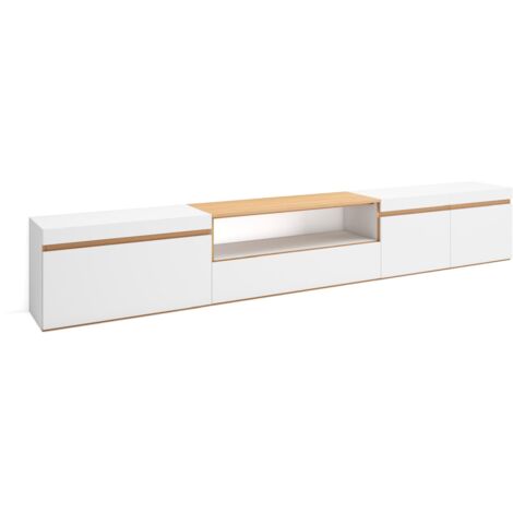 Skraut Home - TV-Schrank, Lowboard, für Wohnzimmer und Esszimmer, 288x35x45 cm, Für großformatiges TV, Fernsehtisch, Moderner Stil, Weiß und Eiche Soft
