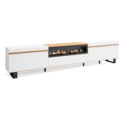 Skraut Home - TV-Schrank, Lowboard, für Wohnzimmer und Esszimmer, 288x35x57 cm, Für großformatiges TV, Elektrokamin., Industriedesign, Moderner Stil, Weiß und Eiche Soft