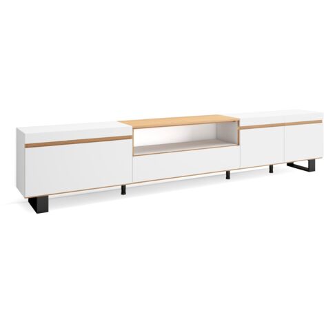 Skraut Home - TV-Schrank, Lowboard, für Wohnzimmer und Esszimmer, 288x35x57 cm, Für großformatiges TV, Industriedesign, Moderner Stil, Weiß und Eiche Soft