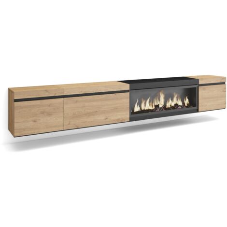 Skraut Home - TV-Schrank, Lowboard, für Wohnzimmer und Esszimmer, 288x45x35 cm, Für großformatiges TV, Elektrokamin XXL, Hängend, Moderner Stil, Eiche Schwarz