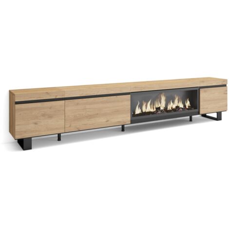 Skraut Home - TV-Schrank, Lowboard, für Wohnzimmer und Esszimmer, 288x57x35 cm, Für großformatiges TV, Elektrokamin XXL, Industriedesign, Moderner Stil, Eiche
