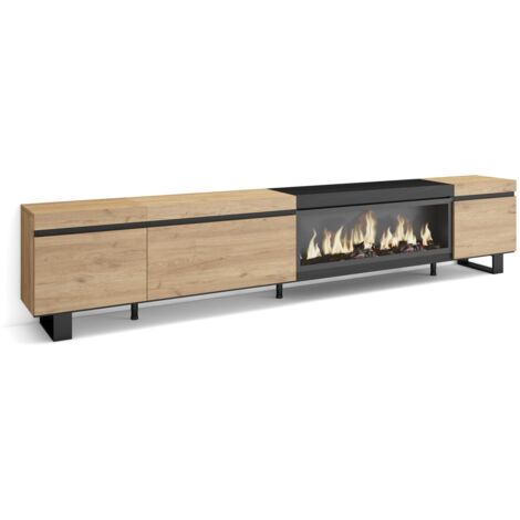 Skraut Home - TV-Schrank, Lowboard, für Wohnzimmer und Esszimmer, 288x57x35 cm, Für großformatiges TV, Elektrokamin XXL, Industriedesign, Moderner Stil, Eiche Schwarz