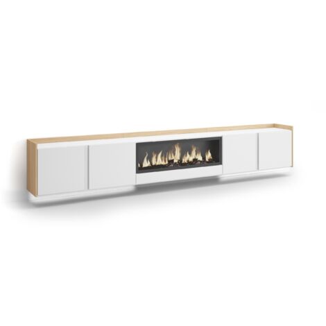 Skraut Home - TV-Schrank, Lowboard, für Wohnzimmer und Esszimmer, 315x35x50cm, Für TV-Geräte bis zu 80", Elektrokamin XXL, Hängend, LED, Moderner Stil, Weiß und Eiche Soft