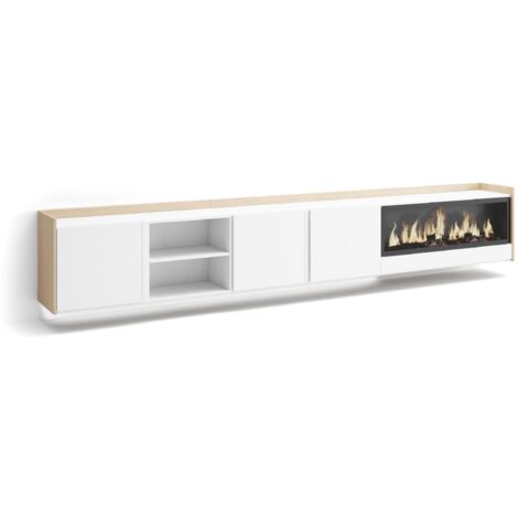 Skraut Home - TV-Schrank, Lowboard, für Wohnzimmer und Esszimmer, 315x35x50cm, Für TV-Geräte bis zu 80", Elektrokamin XXL, Hängend, LED, Moderner Stil, Weiß und Eiche Soft