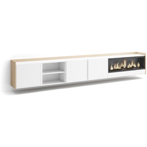 Skraut Home - TV-Schrank, Lowboard, für Wohnzimmer und Esszimmer, 315x35x50cm, Für TV-Geräte bis zu 80", Elektrokamin XXL, Hängend, Moderner Stil, Weiß und Eiche Soft