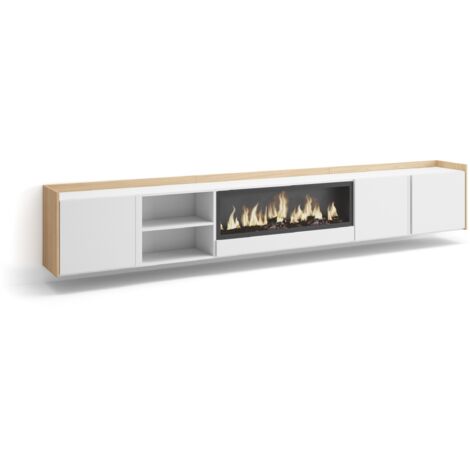 Skraut Home - TV-Schrank, Lowboard, für Wohnzimmer und Esszimmer, 315x35x50cm, Für TV-Geräte bis zu 80", Elektrokamin XXL, Hängend, Moderner Stil, Weiß und Eiche Soft