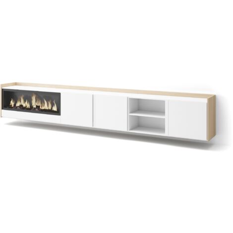 Skraut Home - TV-Schrank, Lowboard, für Wohnzimmer und Esszimmer, 315x35x50cm, Für TV-Geräte bis zu 80", Elektrokamin XXL, Hängend, Moderner Stil, Weiß und Eiche Soft