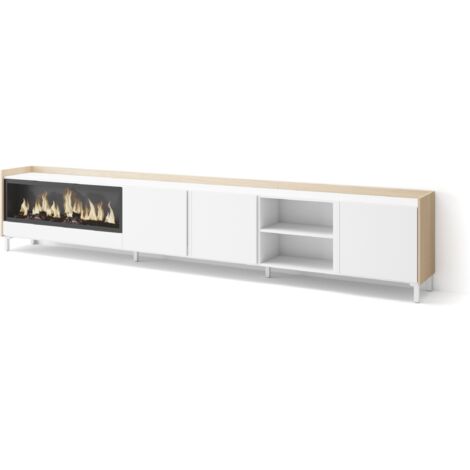 Skraut Home - TV-Schrank, Lowboard, für Wohnzimmer und Esszimmer, 315x35x61cm, Für TV-Geräte bis zu 80", Elektrokamin XXL, Industriedesign, Moderner Stil, Weiß und Eiche Soft