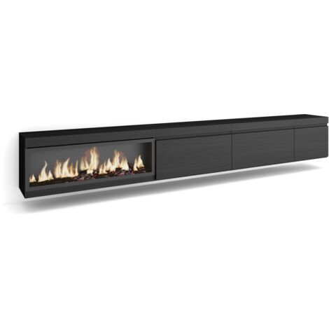 Skraut Home - TV-Schrank, Lowboard, für Wohnzimmer und Esszimmer, 317x45x35 cm, Elektrokamin XXL, Hängend, Moderner Stil, Schwarz