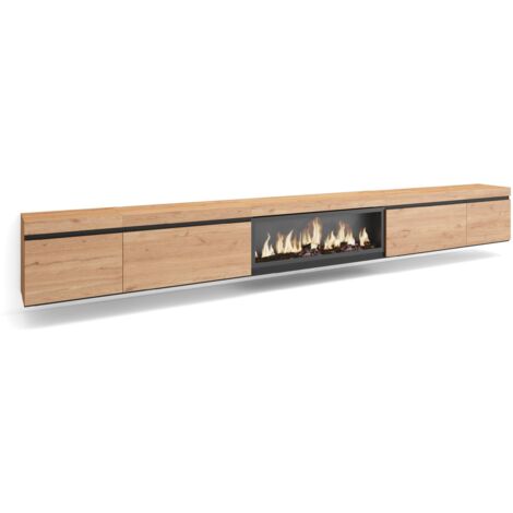 Skraut Home - TV-Schrank, Lowboard, für Wohnzimmer und Esszimmer, 368x45x35, Elektrokamin XXL, Hängend, Moderner Stil, Eiche