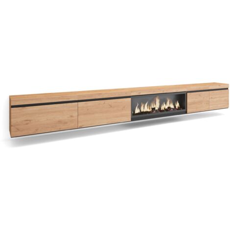 Skraut Home - TV-Schrank, Lowboard, für Wohnzimmer und Esszimmer, 368x45x35, Elektrokamin XXL, Hängend, Moderner Stil, Eiche