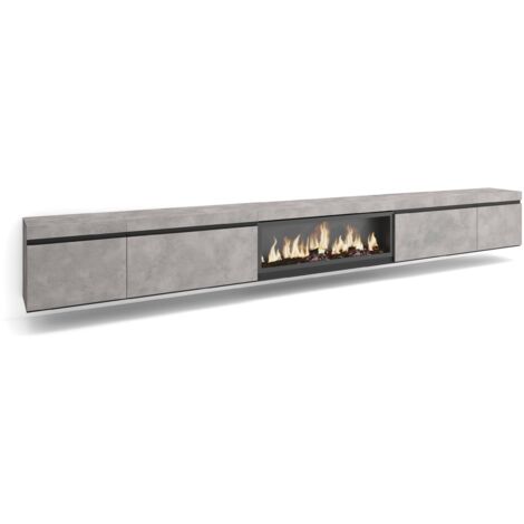 Skraut Home - TV-Schrank, Lowboard, für Wohnzimmer und Esszimmer, 368x45x35, Elektrokamin XXL Hängend, Moderner Stil, Zementgrau