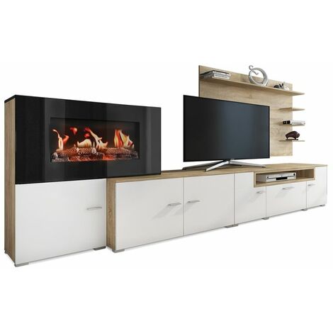 Skraut Home - Wohnmöbel mit elektrischem Kamin mit 5 Flammenstufen, Oberfläche weiß Mate und schwarz lackiert, Maße: 290 x 170 x 45 cm tief - SCHWARZ