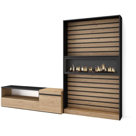 Skraut Home - Wohnwand Wohnzimmer, Wohnzimmermöbel, Möbelset, 260x186x35cm, Für TV-Geräte bis zu 65", Elektrokamin. Maße, Moderner Stil, Eiche Schwarz