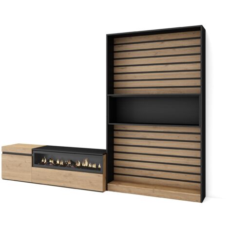 Skraut Home - Wohnwand Wohnzimmer, Wohnzimmermöbel, Möbelset, 260x186x35cm, Für TV-Geräte bis zu 65", Elektrokamin. Maße, Moderner Stil, Eiche Schwarz