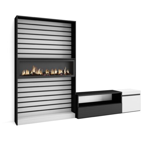 Skraut Home - Wohnwand Wohnzimmer, Wohnzimmermöbel, Möbelset, 260x186x35cm, Für TV-Geräte bis zu 65", Elektrokamin. Maße, Moderner Stil, Weiß und Schwarz