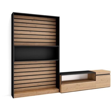 Skraut Home - Wohnwand Wohnzimmer, Wohnzimmermöbel, Möbelset, 260x186x35cm, Für TV-Geräte bis zu 65", Wohnzimmer Möbel , Moderner Stil, Eiche Schwarz