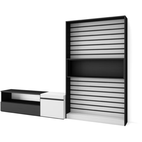 Skraut Home - Wohnwand Wohnzimmer, Wohnzimmermöbel, Möbelset, 260x186x35cm, Für TV-Geräte bis zu 65", Wohnzimmer Möbel , Moderner Stil, Weiß und Schwarz