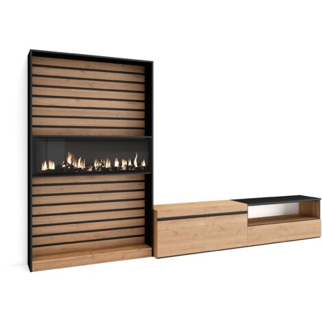 Skraut Home - Wohnwand Wohnzimmer, Wohnzimmermöbel, Möbelset, 310x186x35cm, Für TV-Geräte bis zu 80", Elektrokamin, Moderner Stil, Eiche Schwarz