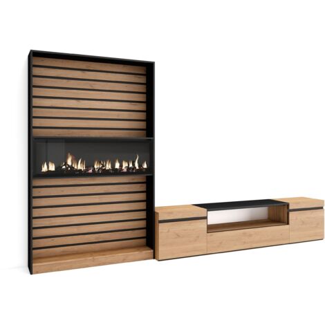 Skraut Home - Wohnwand Wohnzimmer, Wohnzimmermöbel, Möbelset, 310x186x35cm, Für TV-Geräte bis zu 80", Elektrokamin, Moderner Stil, Eiche Schwarz