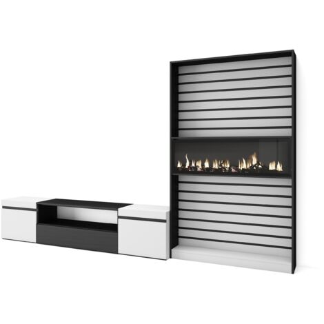 Skraut Home - Wohnwand Wohnzimmer, Wohnzimmermöbel, Möbelset, 310x186x35cm, Für TV-Geräte bis zu 80", Elektrokamin, Moderner Stil, Weiß und Schwarz
