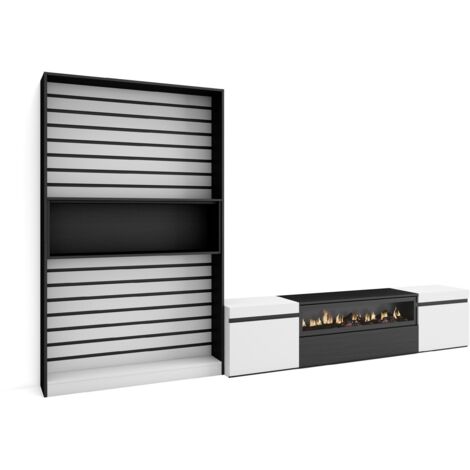 Skraut Home - Wohnwand Wohnzimmer, Wohnzimmermöbel, Möbelset, 310x186x35cm, Für TV-Geräte bis zu 80", Elektrokamin. , Moderner Stil, Weiß und Schwarz