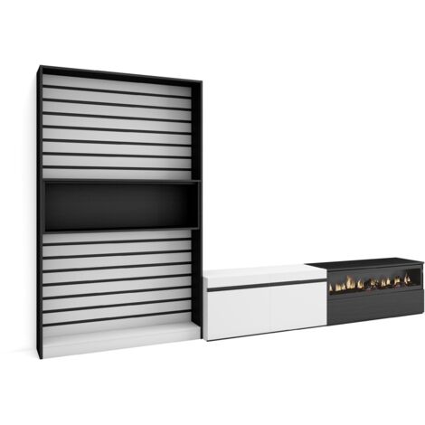 Skraut Home - Wohnwand Wohnzimmer, Wohnzimmermöbel, Möbelset, 310x186x35cm, Für TV-Geräte bis zu 80", Elektrokamin. , Moderner Stil, Weiß und Schwarz