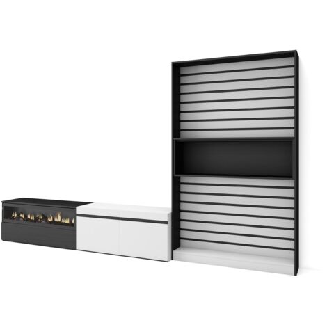 Skraut Home - Wohnwand Wohnzimmer, Wohnzimmermöbel, Möbelset, 310x186x35cm, Für TV-Geräte bis zu 80", Elektrokamin. , Moderner Stil, Weiß und Schwarz