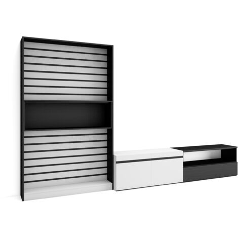 Skraut Home - Wohnwand Wohnzimmer, Wohnzimmermöbel, Möbelset, 310x186x35cm, Für TV-Geräte bis zu 80", Wohnzimmer Möbel , Moderner Stil, Weiß und Schwarz