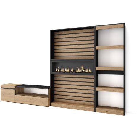 Skraut Home - Wohnwand Wohnzimmer, Wohnzimmermöbel, Möbelset, 320x186x35cm, Elektrokamin. Maße, Moderner Stil, Eiche Schwarz