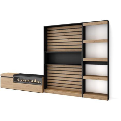 Skraut Home - Wohnwand Wohnzimmer, Wohnzimmermöbel, Möbelset, 320x186x35cm, Elektrokamin. Maße, Moderner Stil, Eiche Schwarz