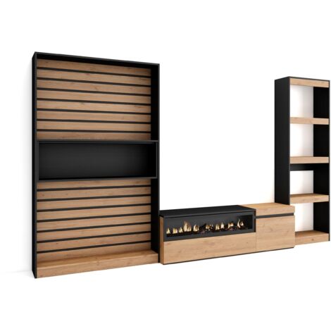 Skraut Home - Wohnwand Wohnzimmer, Wohnzimmermöbel, Möbelset, 320x186x35cm, Elektrokamin. Maße, Moderner Stil, Eiche Schwarz