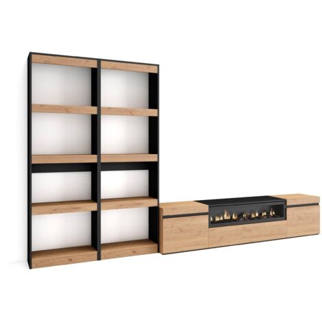 Skraut Home - Wohnwand Wohnzimmer, Wohnzimmermöbel, Möbelset, 320x186x35cm, Für TV-Geräte bis zu 80", Elektrokamin. Maße, Moderner Stil, Eiche Schwarz