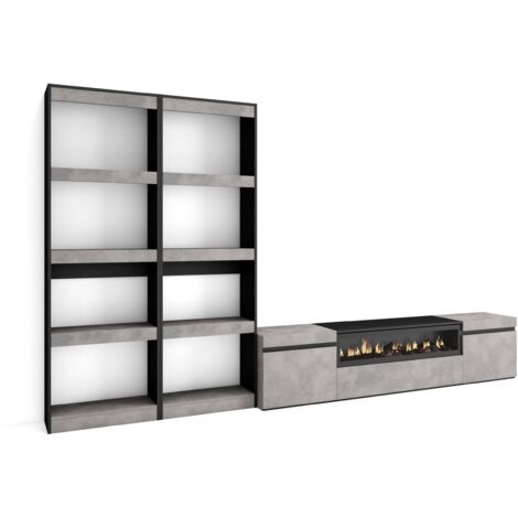 Skraut Home - Wohnwand Wohnzimmer, Wohnzimmermöbel, Möbelset, 320x186x35cm, Für TV-Geräte bis zu 80", Elektrokamin. , Moderner Stil, Zementgrau