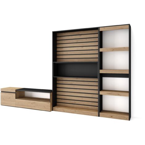 Skraut Home - Wohnwand Wohnzimmer, Wohnzimmermöbel, Möbelset, 320x186x35cm, Wohnzimmer Möbel , Moderner Stil, Eiche Schwarz