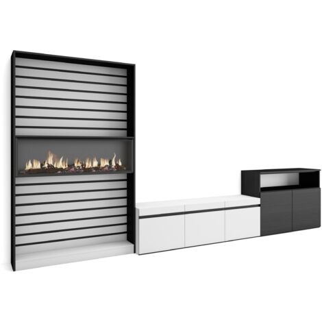 Skraut Home - Wohnwand Wohnzimmer, Wohnzimmermöbel, Möbelset, 360x186x35cm, Für TV-Geräte bis zu 65", Elektrokamin, Moderner Stil, Weiß und Schwarz