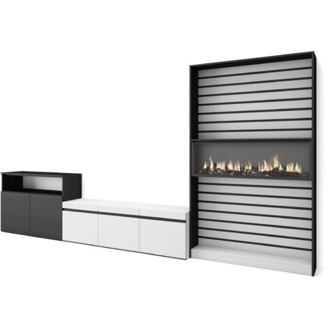 Skraut Home - Wohnwand Wohnzimmer, Wohnzimmermöbel, Möbelset, 360x186x35cm, Für TV-Geräte bis zu 65", Elektrokamin, Moderner Stil, Weiß und Schwarz