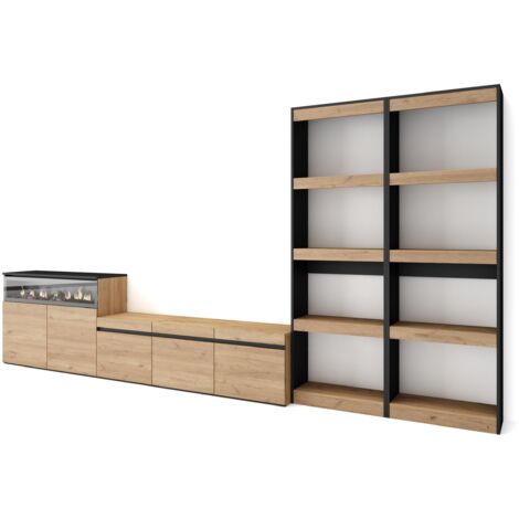 Skraut Home - Wohnwand Wohnzimmer, Wohnzimmermöbel, Möbelset, 370x186x35cm, Für TV-Geräte bis zu 65", Elektrokamin. , Moderner Stil, Eiche Schwarz