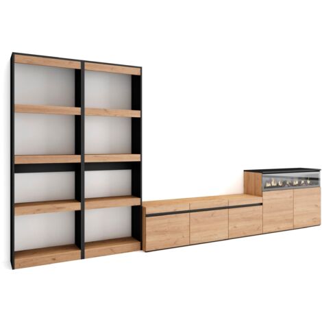 Skraut Home - Wohnwand Wohnzimmer, Wohnzimmermöbel, Möbelset, 370x186x35cm, Für TV-Geräte bis zu 65", Elektrokamin. , Moderner Stil, Eiche Schwarz