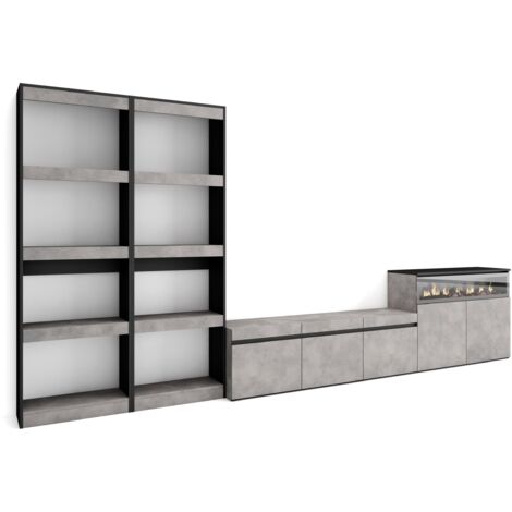 Skraut Home - Wohnwand Wohnzimmer, Wohnzimmermöbel, Möbelset, 370x186x35cm, Für TV-Geräte bis zu 65", Elektrokamin. , Moderner Stil, Zementgrau