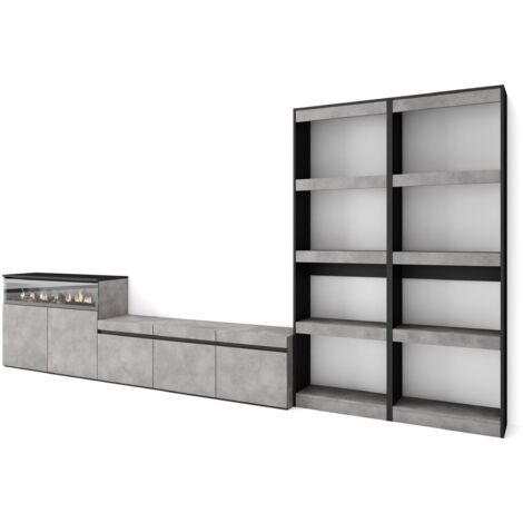 Skraut Home - Wohnwand Wohnzimmer, Wohnzimmermöbel, Möbelset, 370x186x35cm, Für TV-Geräte bis zu 65", Elektrokamin. , Moderner Stil, Zementgrau