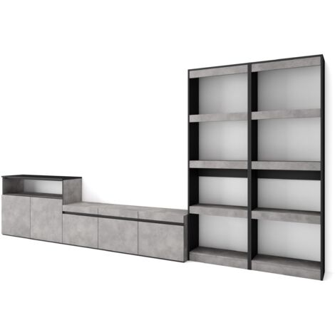 Skraut Home - Wohnwand Wohnzimmer, Wohnzimmermöbel, Möbelset, 370x186x35cm, Für TV-Geräte bis zu 65", Wohnzimmer Möbel , Moderner Stil, Zementgrau