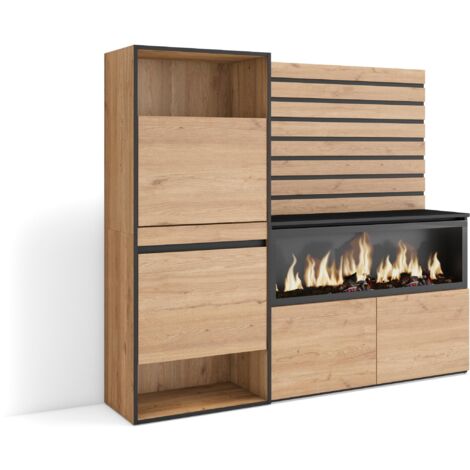 Skraut Home - Zapatero, Armario zapatos botas, 167x145x35 cm, Dormitorio, habitación, Chimenea eléctrica XXL, Listones Decorativos, Estilo Moderno, Roble
